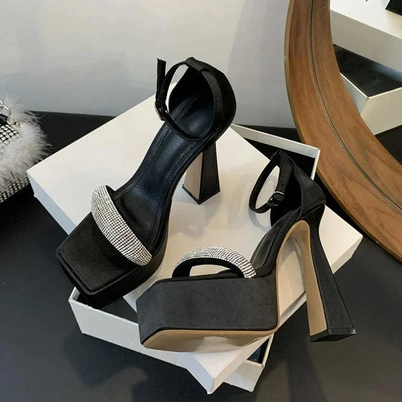 Buckle Strap Open Toe Crystal Platform Square Heel Shoes - Glova