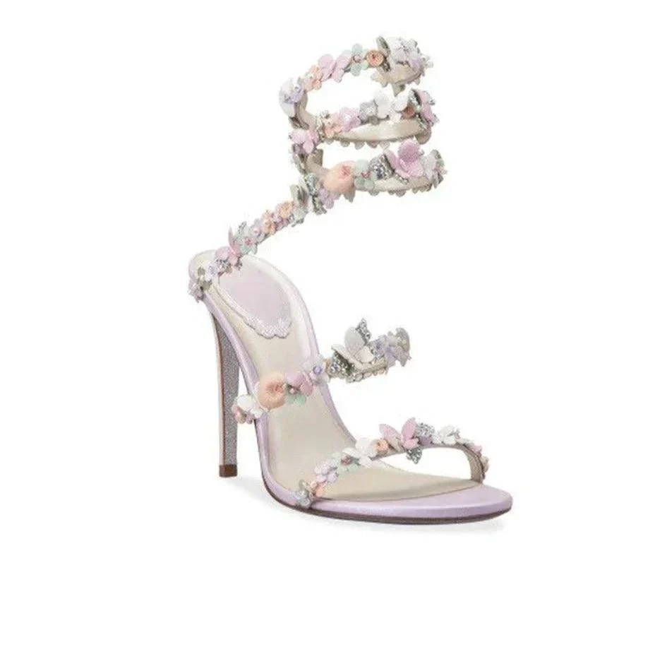 Butterfly Flower Crystal Ankle Wrap Stiletto Heels Shoes - Glova