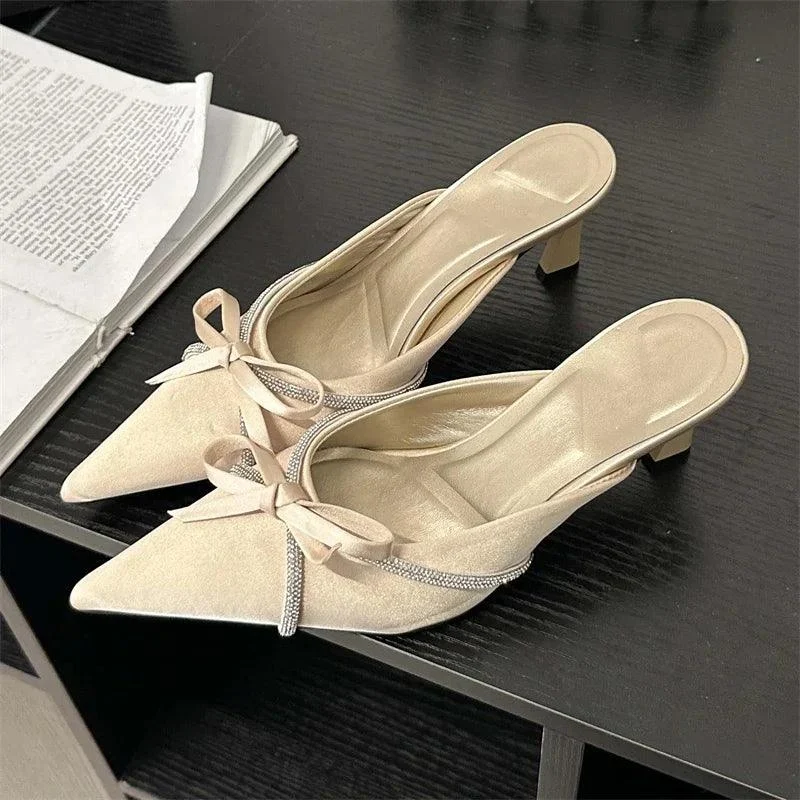 Butterfly-knot Pumps Low Heels Pointed Toe Crystal Shoes - Glova