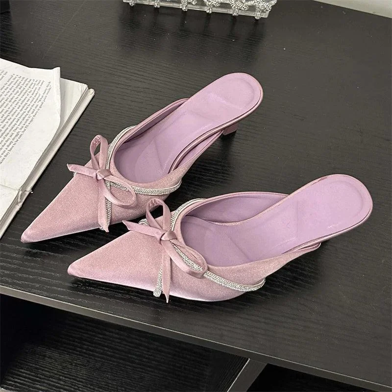 Butterfly-knot Pumps Low Heels Pointed Toe Crystal Shoes - Glova