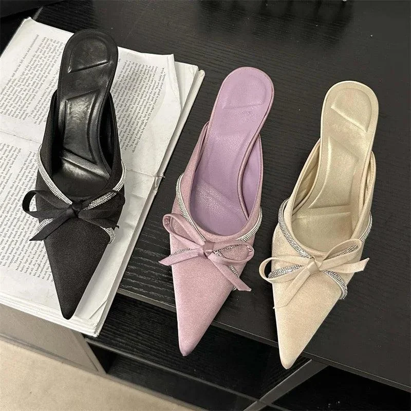 Butterfly-knot Pumps Low Heels Pointed Toe Crystal Shoes - Glova