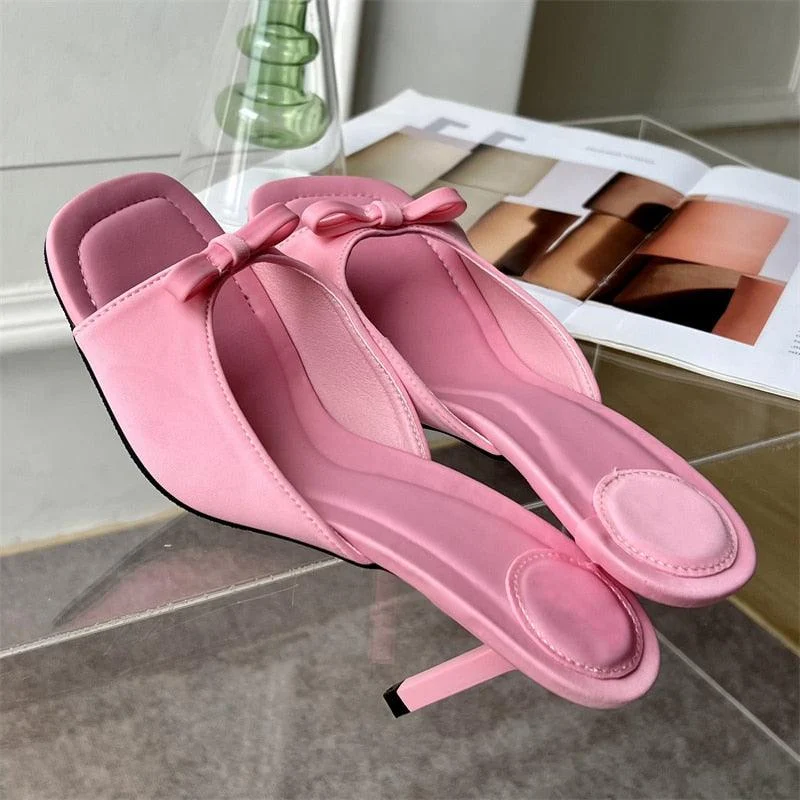 Butterfly-knot Satin Thin High Heel Outdoor Slides Shoes - Glova