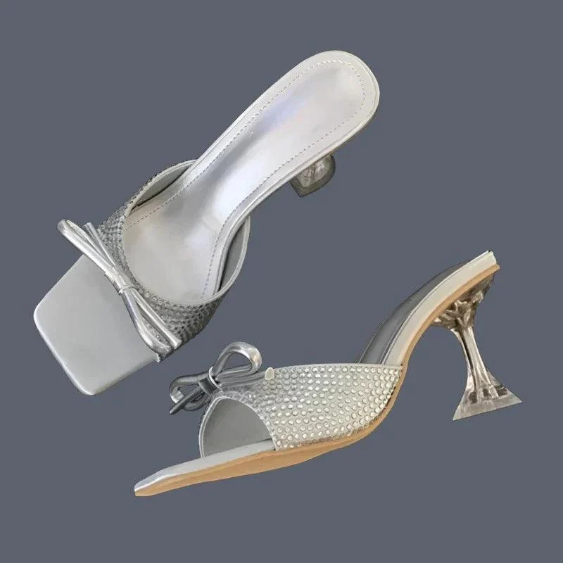 Butterfly-knot Square Toe Crystal Transparent Heels Shoes - Glova