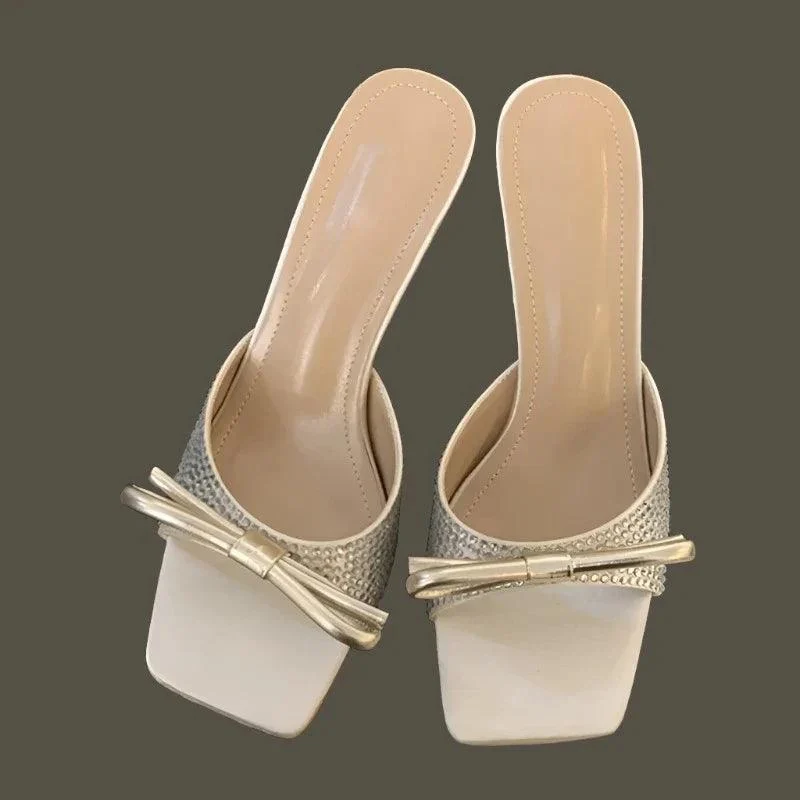 Butterfly-knot Square Toe Crystal Transparent Heels Shoes - Glova