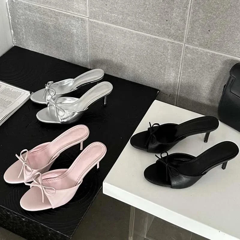 Butterfly-knot Stripper Thin Low Heels Mules Slides Shoes - Glova