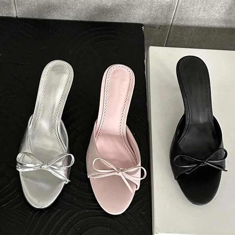 Butterfly-knot Stripper Thin Low Heels Mules Slides Shoes - Glova