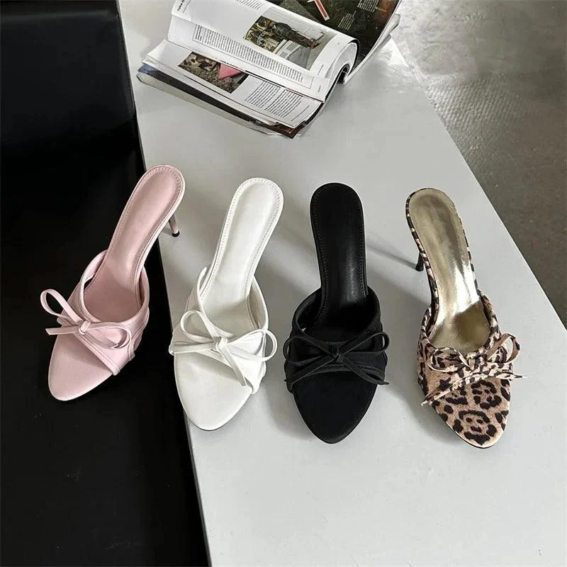 Butterfly-knot Thin Low Heels PU Sandals - Glova