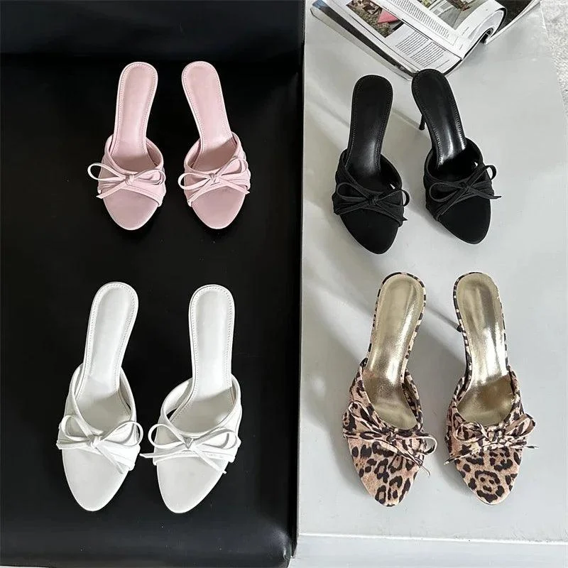 Butterfly-knot Thin Low Heels PU Sandals - Glova