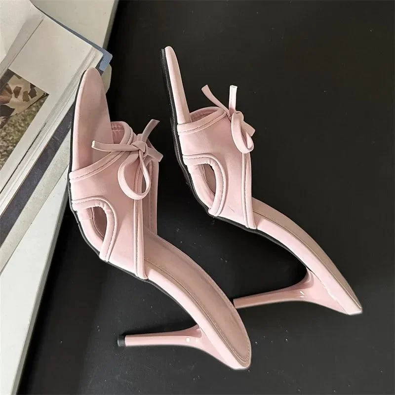 Butterfly-knot Thin Low Heels PU Sandals - Glova