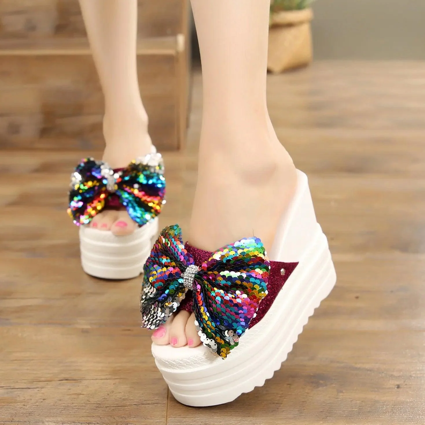 Butterfly-Knot Wedge Cotton Fabric Platform Shoes - Glova