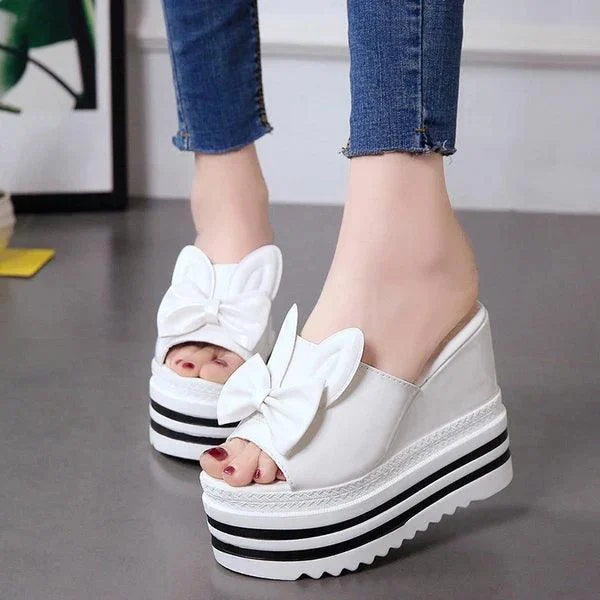 Butterfly-Knot Wedge Cotton Fabric Platform Shoes - Glova