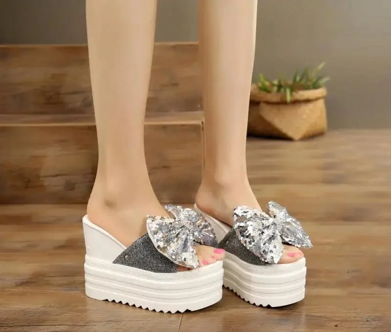 Butterfly-Knot Wedge Cotton Fabric Platform Shoes - Glova