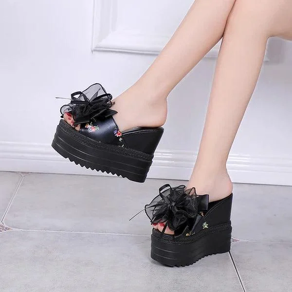 Butterfly-Knot Wedge Cotton Fabric Platform Shoes - Glova