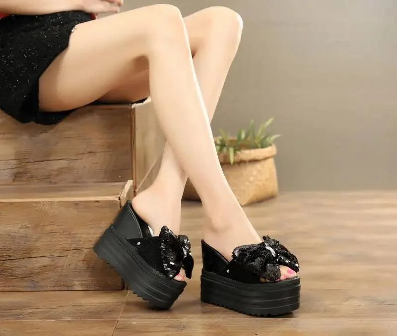 Butterfly-Knot Wedge Cotton Fabric Platform Shoes - Glova