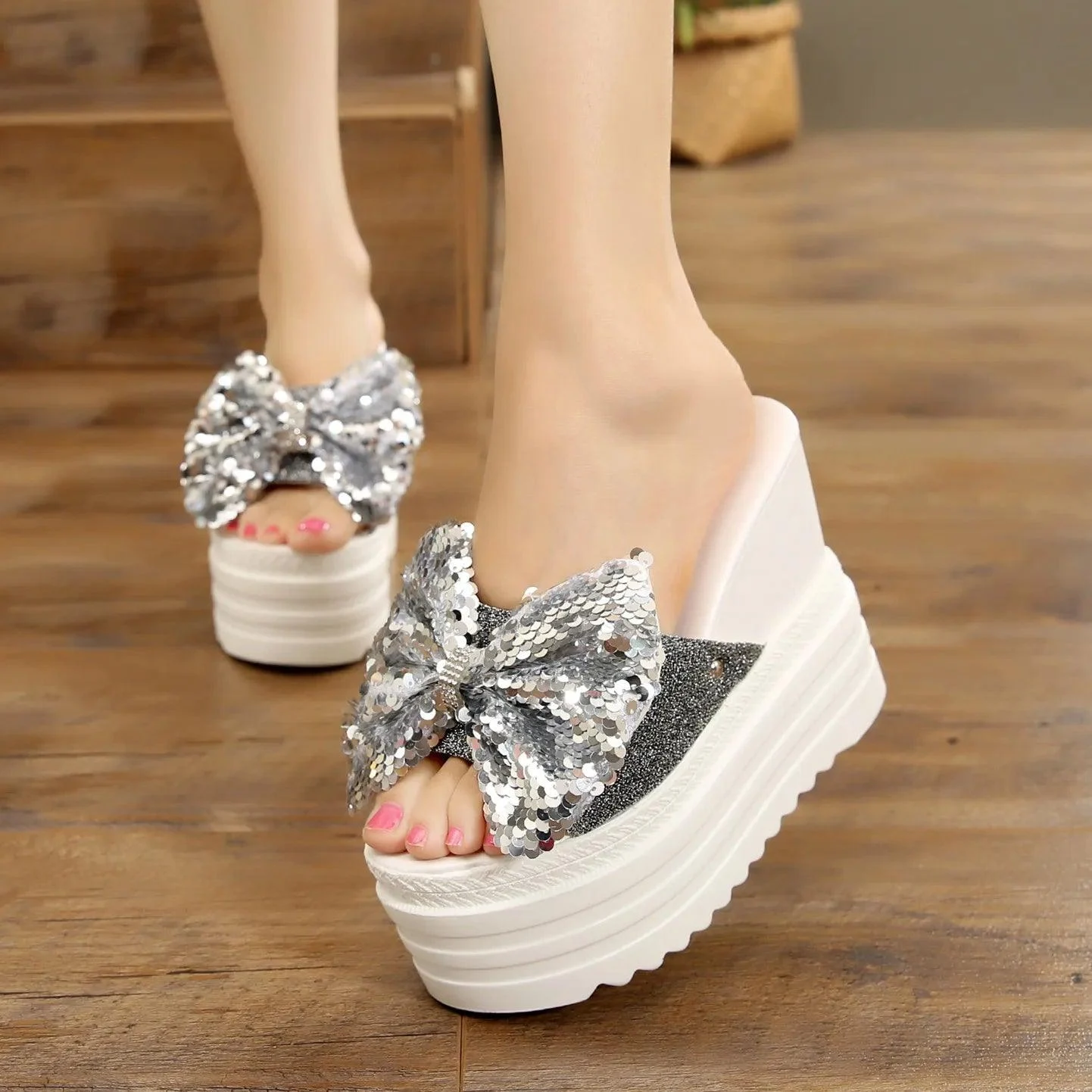 Butterfly-Knot Wedge Cotton Fabric Platform Shoes - Glova