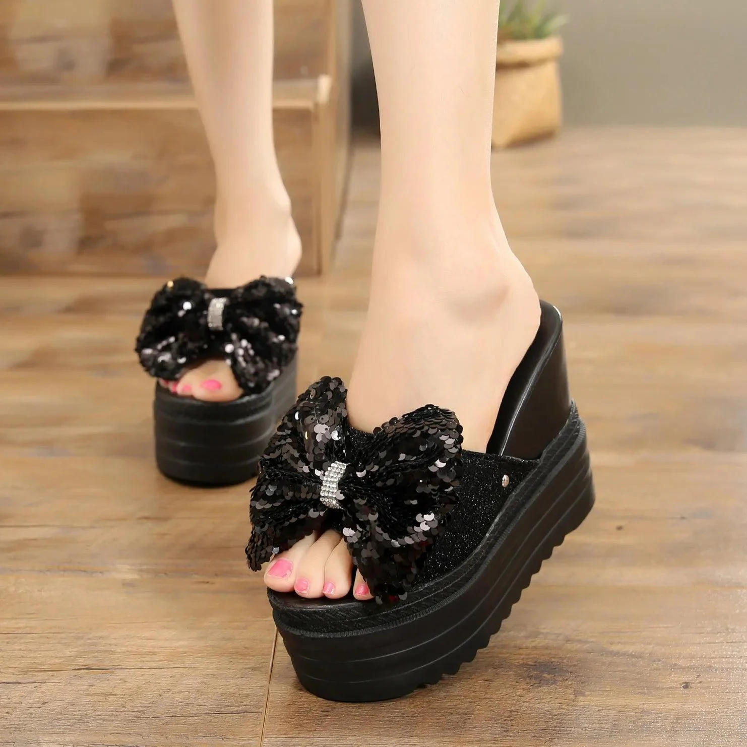 Butterfly-Knot Wedge Cotton Fabric Platform Shoes - Glova