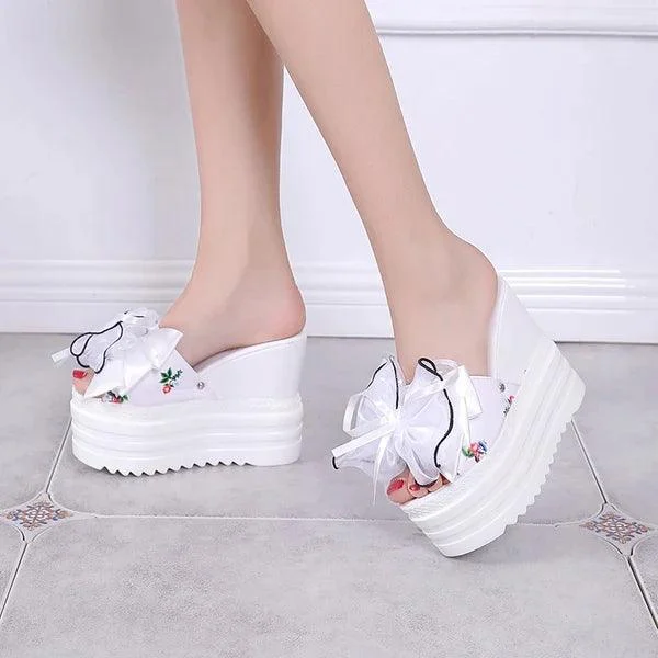 Butterfly-Knot Wedge Cotton Fabric Platform Shoes - Glova