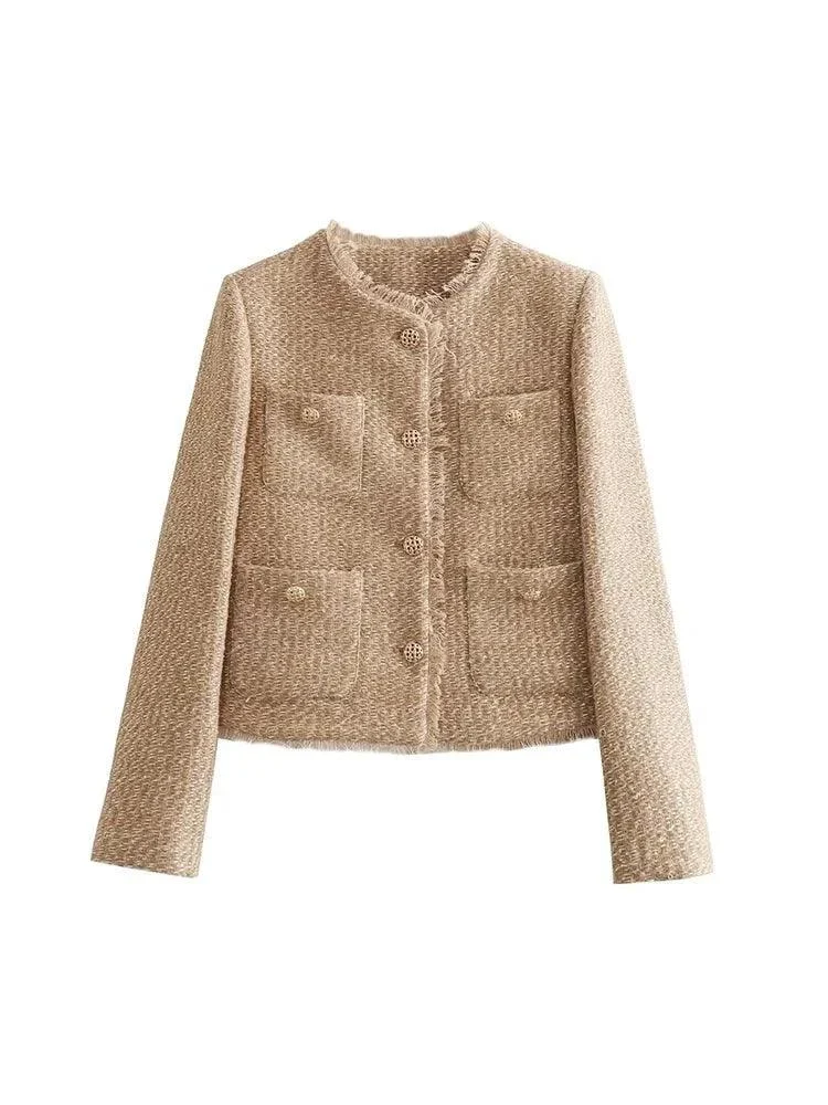 Button Tweed Cropped Long Sleeve Jacket Short Coat - Glova