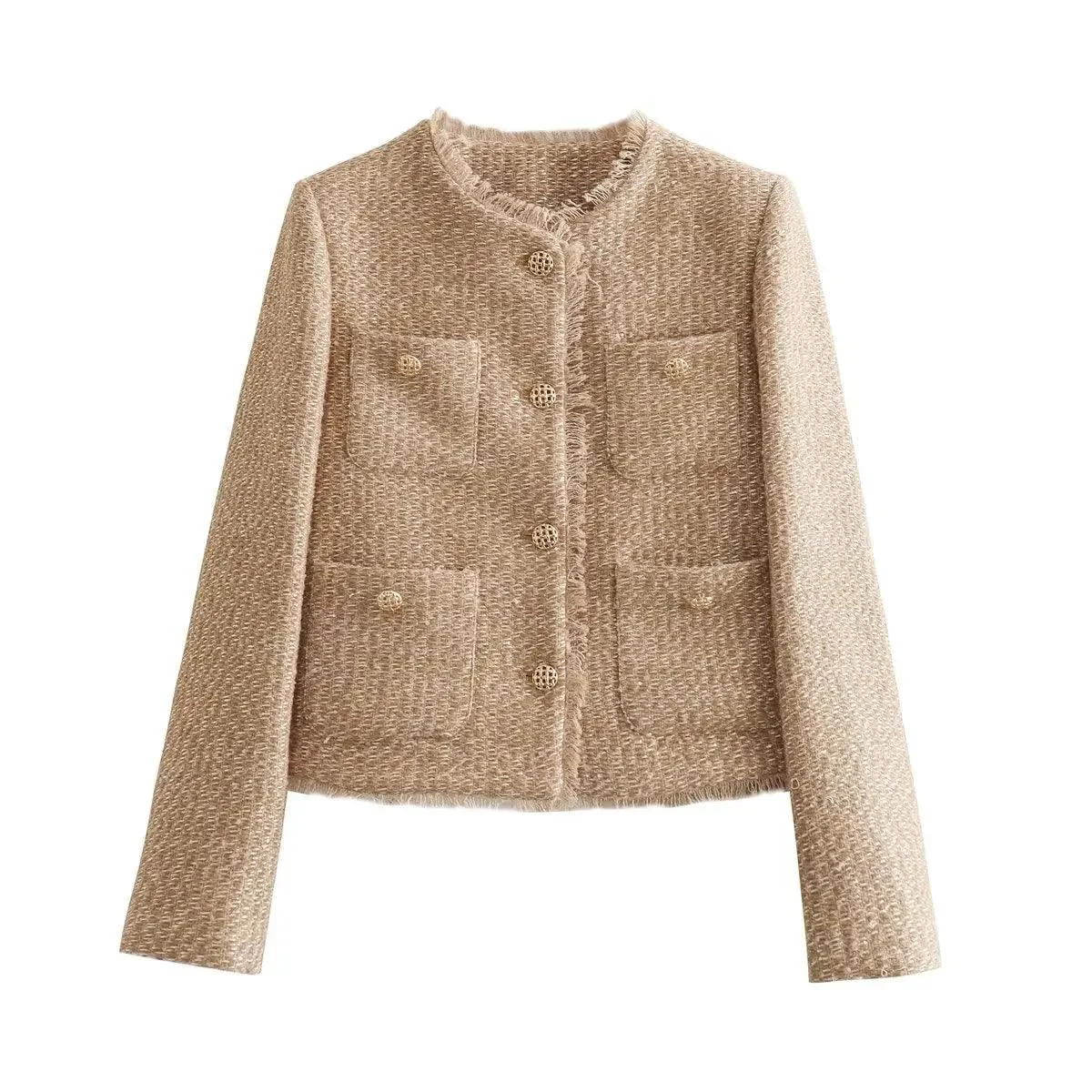 Button Tweed Cropped Long Sleeve Jacket Short Coat - Glova