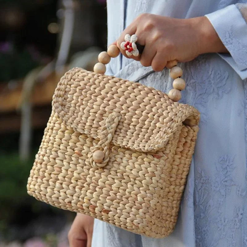 Cahya Wooden Bead Handle Straw Handbag - Glova