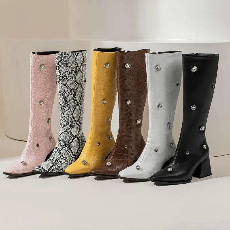 Calf Boots PU Leather Square Toe Zipper Women's Boots - Glova