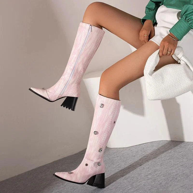 Calf Boots PU Leather Square Toe Zipper Women's Boots - Glova