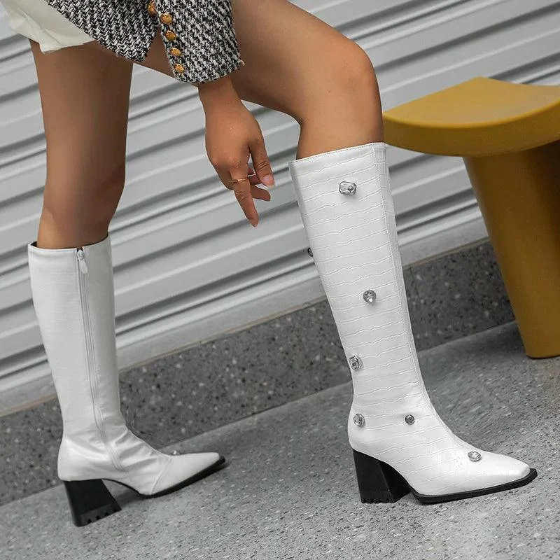 Calf Boots PU Leather Square Toe Zipper Women's Boots - Glova