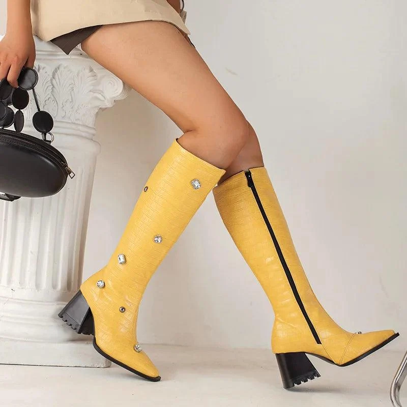 Calf Boots PU Leather Square Toe Zipper Women's Boots - Glova