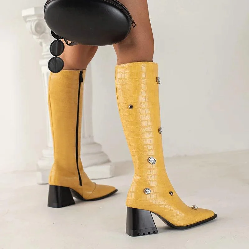 Calf Boots PU Leather Square Toe Zipper Women's Boots - Glova