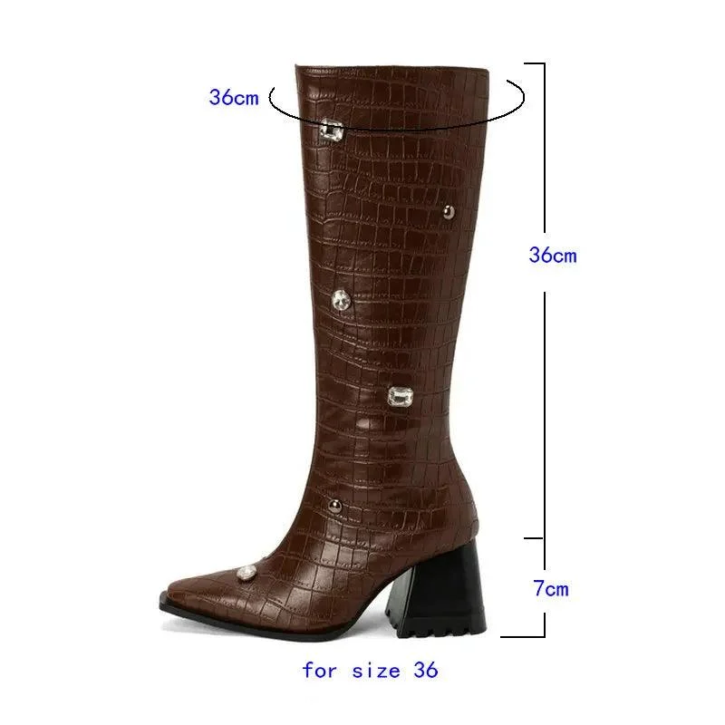 Calf Boots PU Leather Square Toe Zipper Women's Boots - Glova