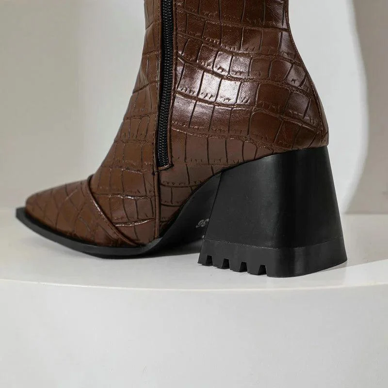 Calf Boots PU Leather Square Toe Zipper Women's Boots - Glova