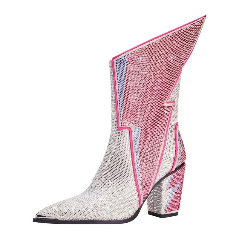 Calf Pointed Head Lightning Water Diamond Large Heel Short Boots - Glova