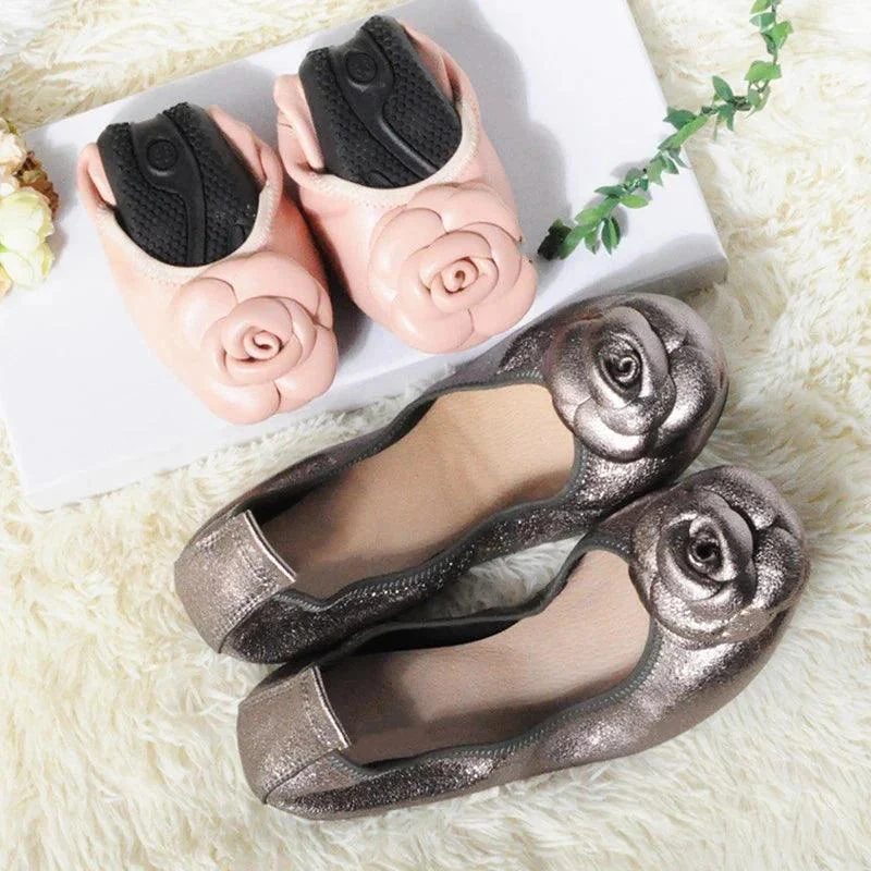 Camellia Genuine Leather Slip On Ballet Flats - Glova