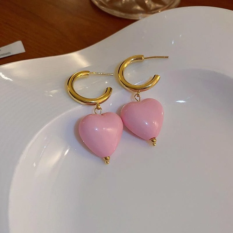 Candy Color Heart and Beads Earrings - Glova