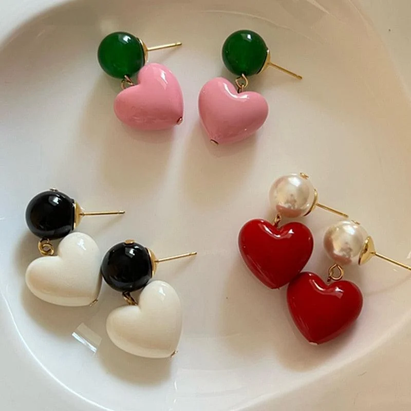 Candy Color Heart and Beads Earrings - Glova