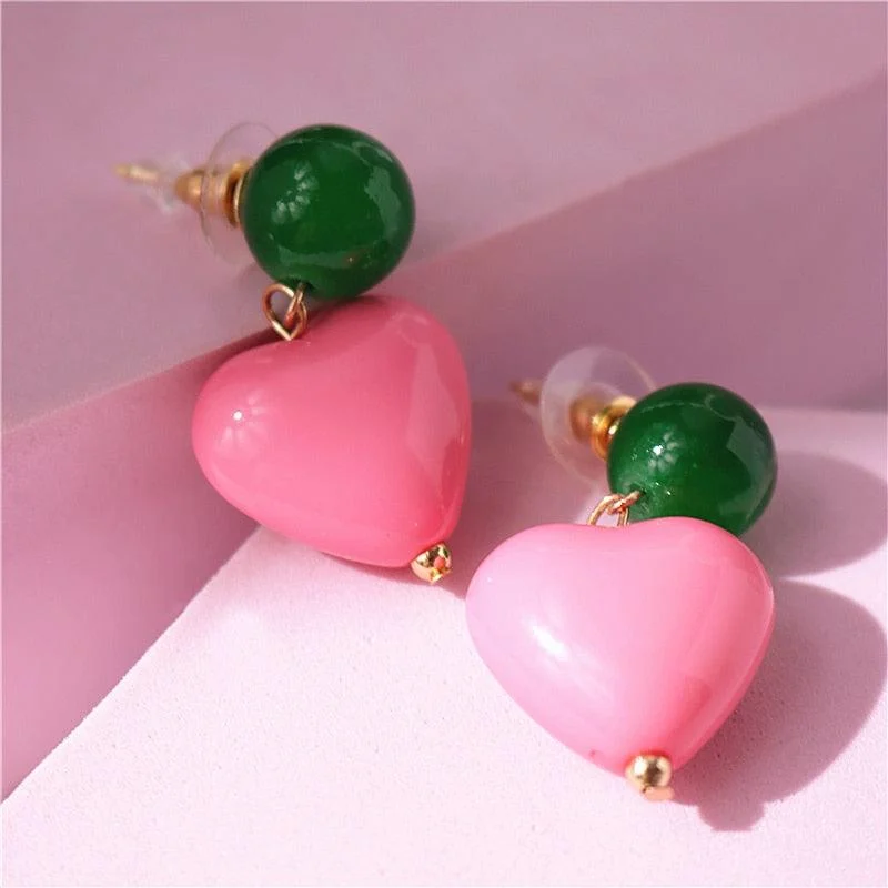 Candy Color Heart and Beads Earrings - Glova