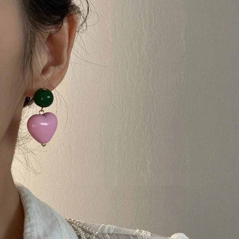 Candy Color Heart and Beads Earrings - Glova