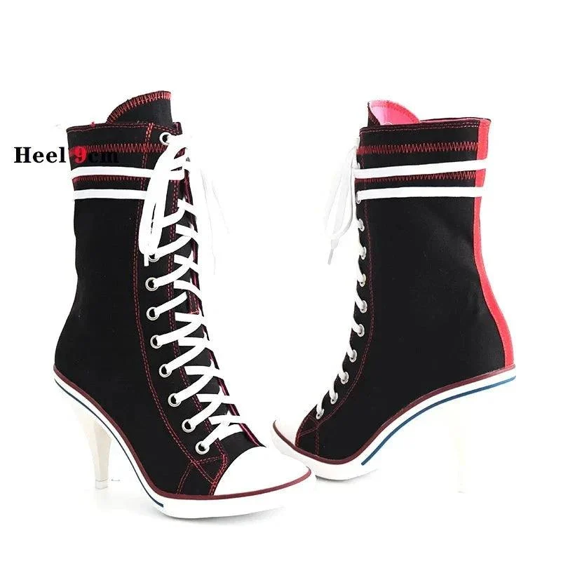 Canvas Lace up Pointed High Thin Heeled Boots - Glova