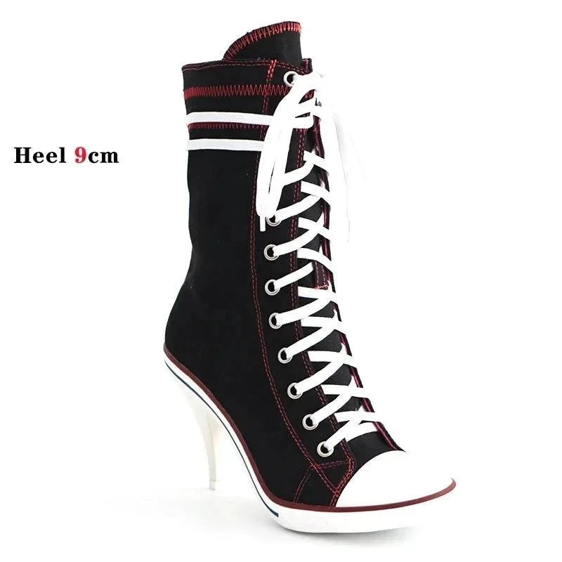 Canvas Lace up Pointed High Thin Heeled Boots - Glova