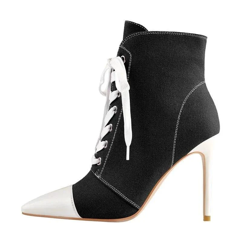 Canvas Lace-up Pointed Toe Stiletto Side Zipper Ankle Boots - Glova