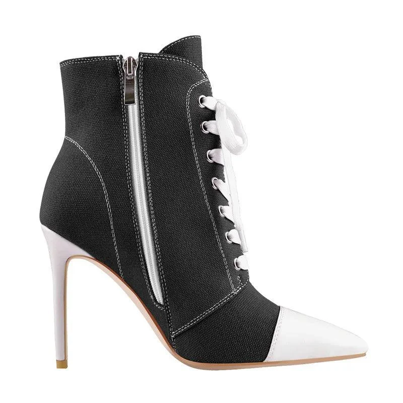 Canvas Lace-up Pointed Toe Stiletto Side Zipper Ankle Boots - Glova