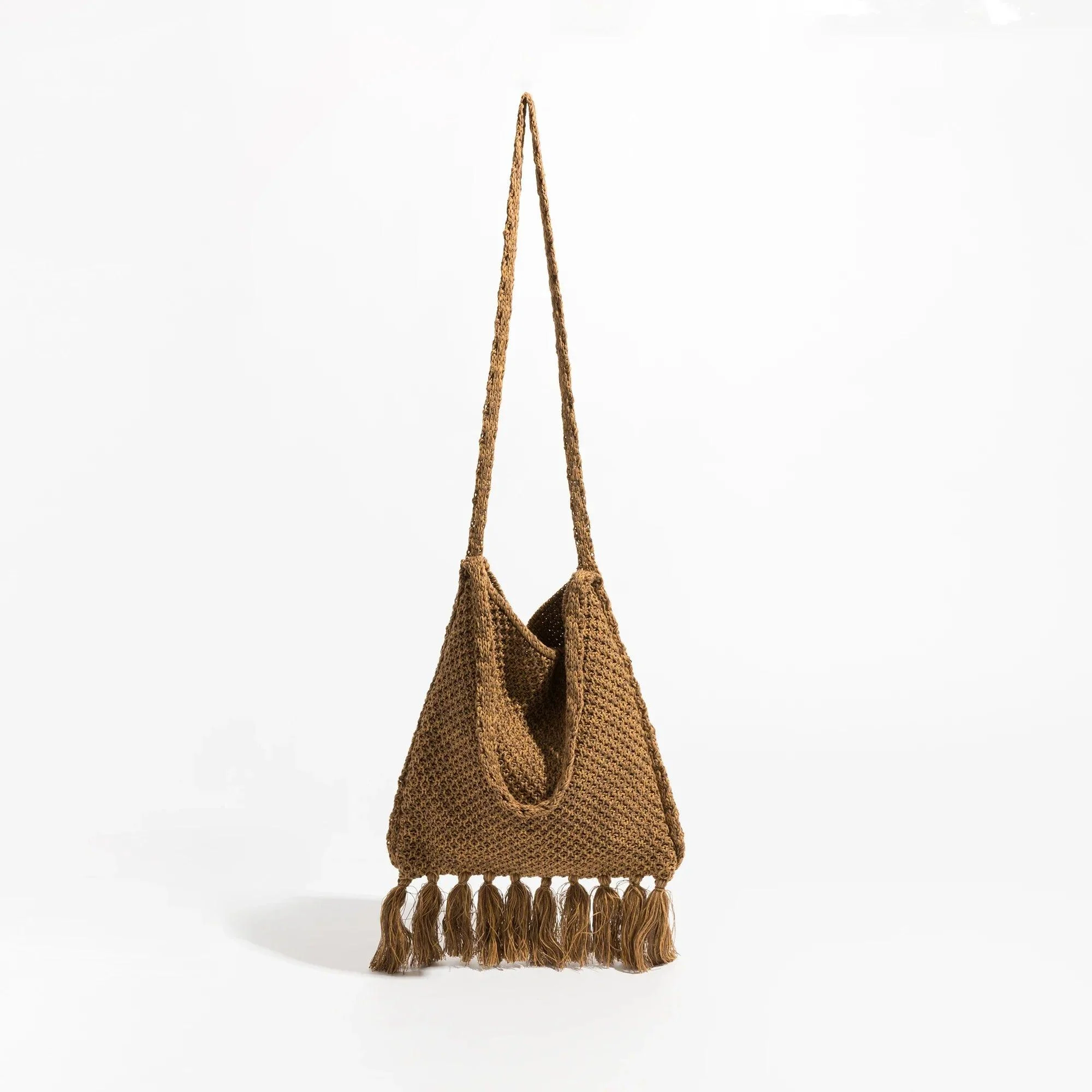 Caris Fringe Tassel Bohemian Knit Hobo Bag - Glova