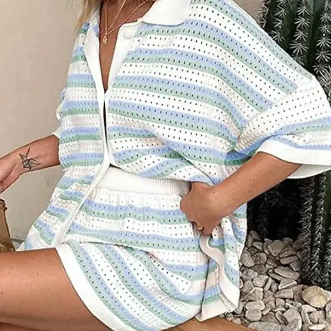 Casey Stripe Knit Shirt & Shorts Set - Glova