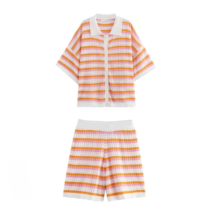 Casey Stripe Knit Shirt & Shorts Set - Glova