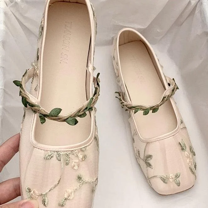 Cecilia Embroidery Tulle Ballet Flats - Glova