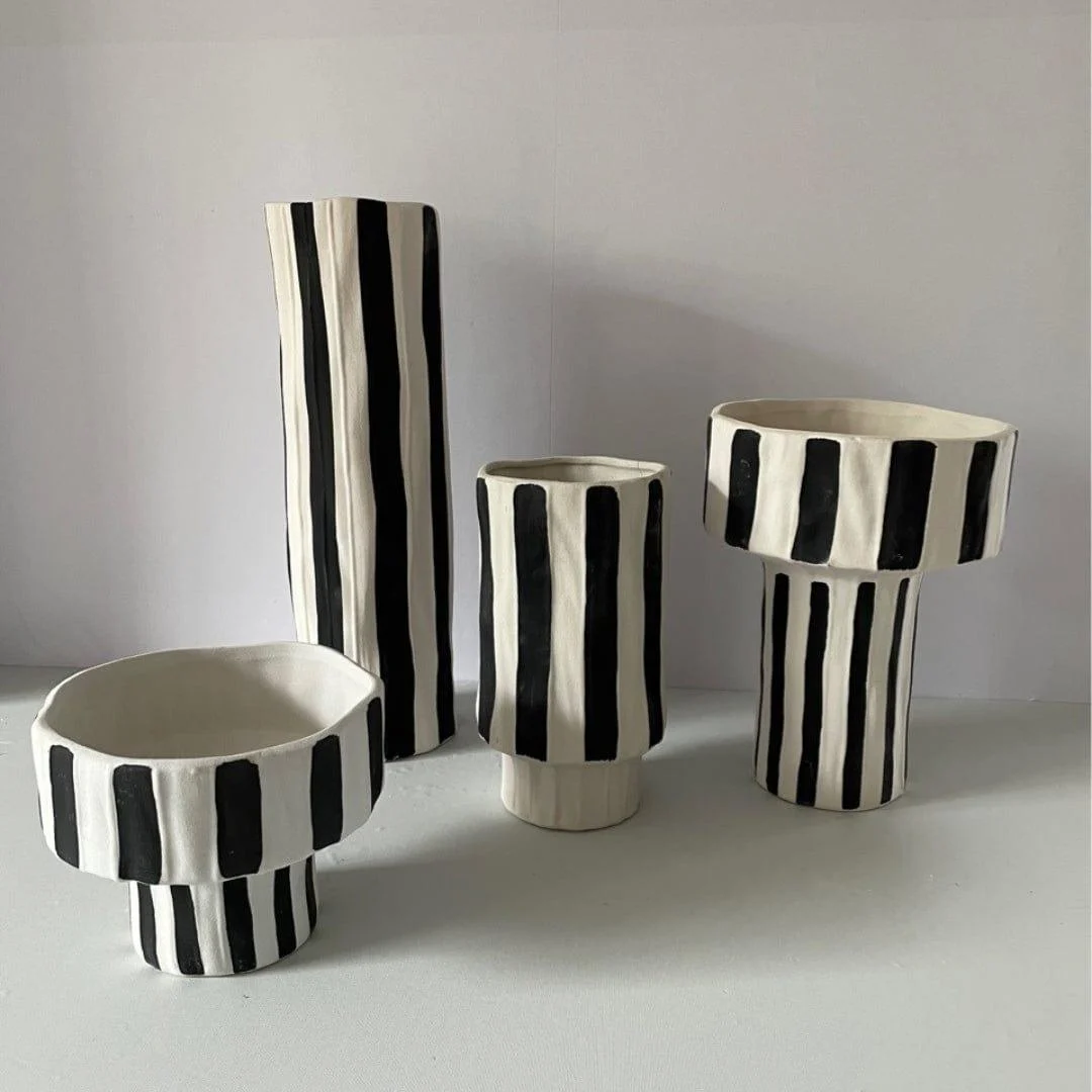 Ceramic Black and White Striped Vase - Glova