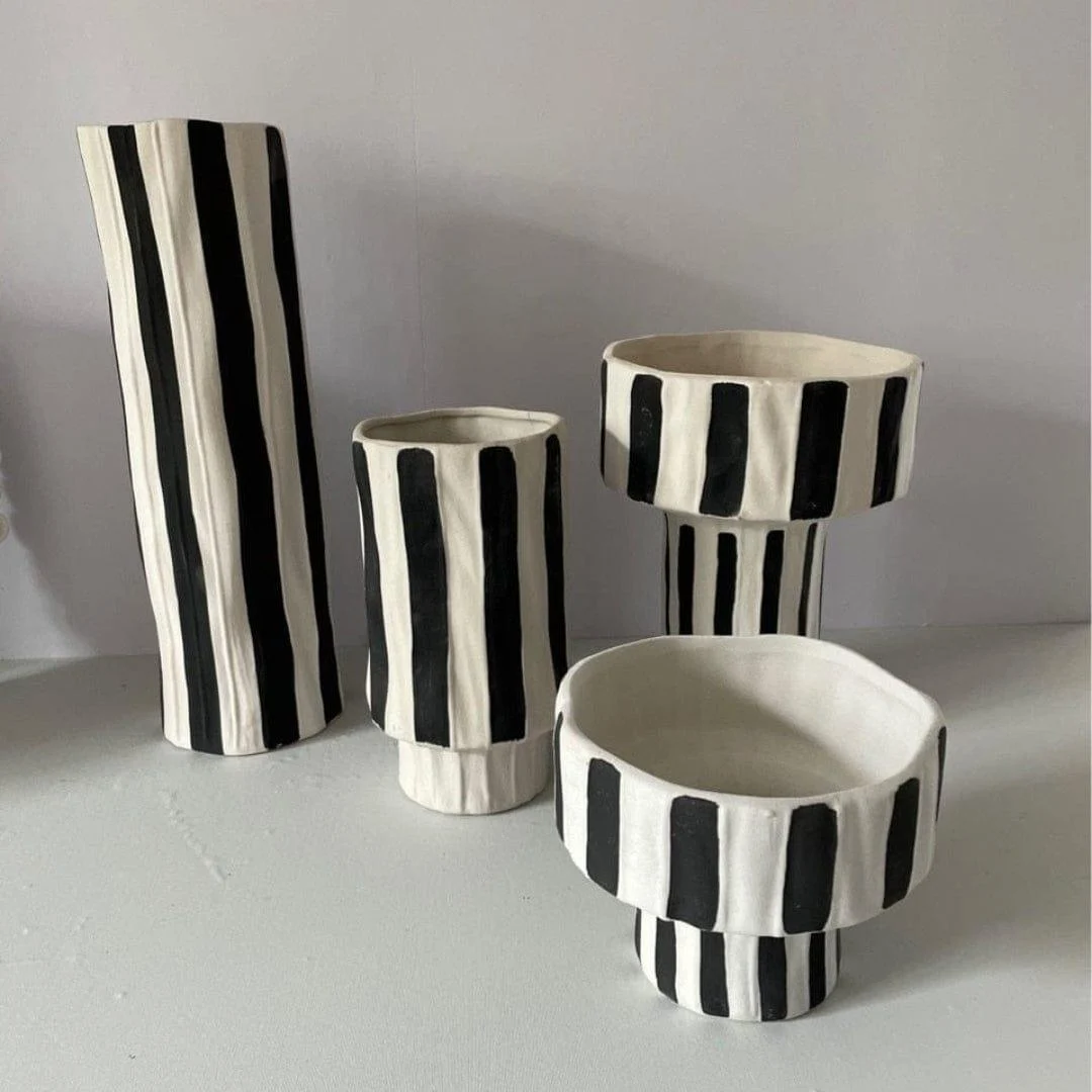 Ceramic Black and White Striped Vase - Glova