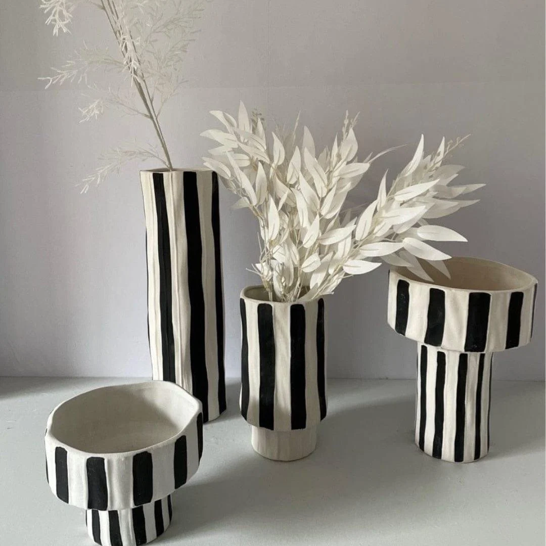 Ceramic Black and White Striped Vase - Glova