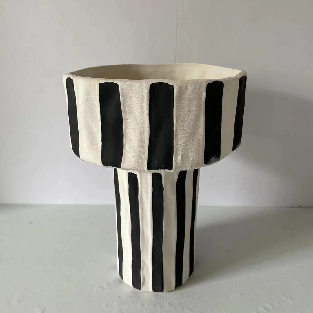 Ceramic Black and White Striped Vase - Glova