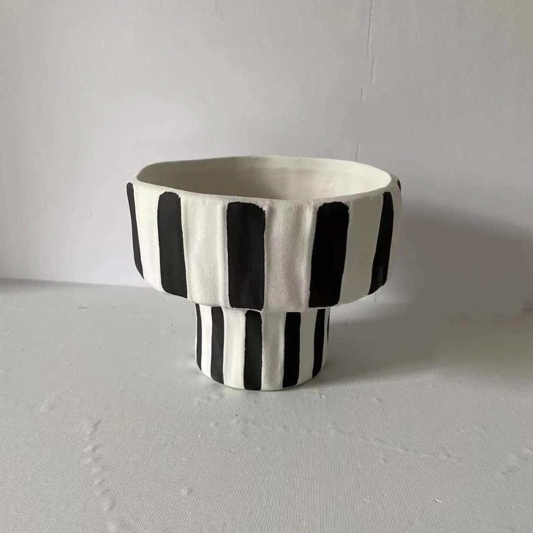 Ceramic Black and White Striped Vase - Glova